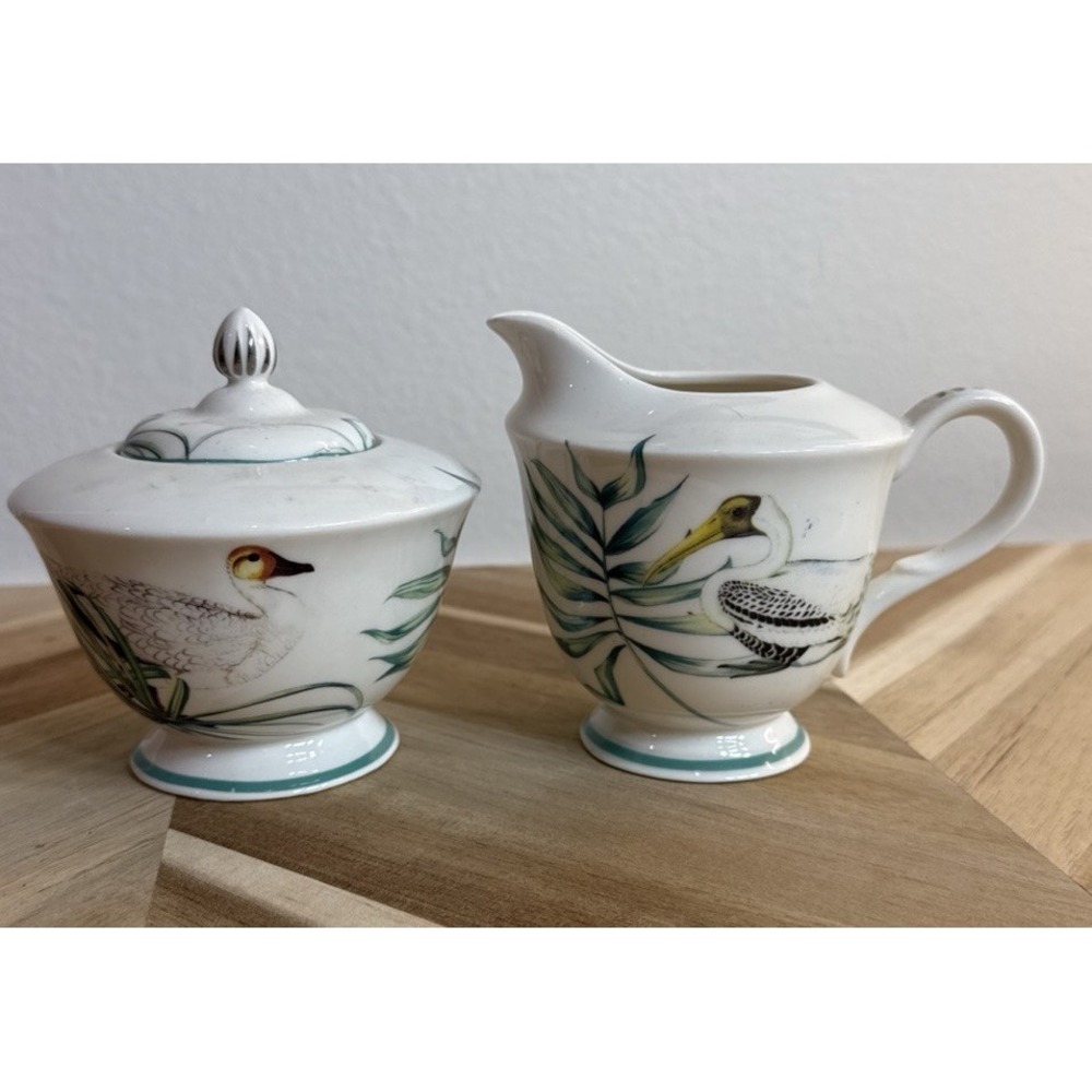 Grace's Teaware Teal Palms & Water Birds Cream &‎ Sugar Set Tropical Porcelain